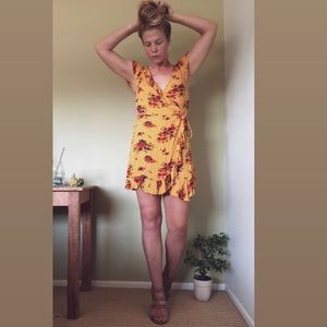Urban outfitter mustard floral wrap dress
